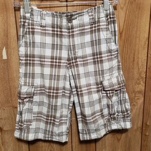 Urban Pipeline Boys Brown Plaid Cargo Board Shorts Adjustable Waist Size 8